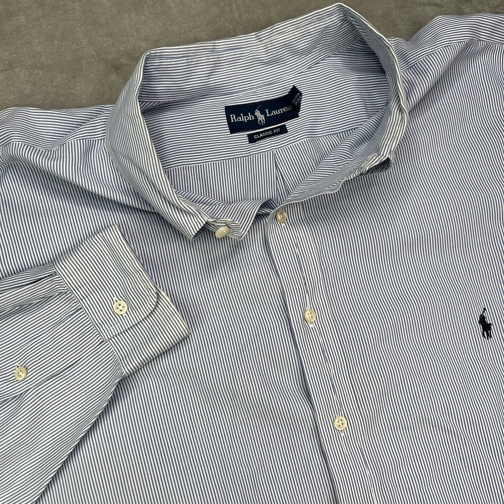 Ralph Lauren Shirt‎ Mens 4XLT Big & Tall Gray White Pinstripe Classic Fit Button